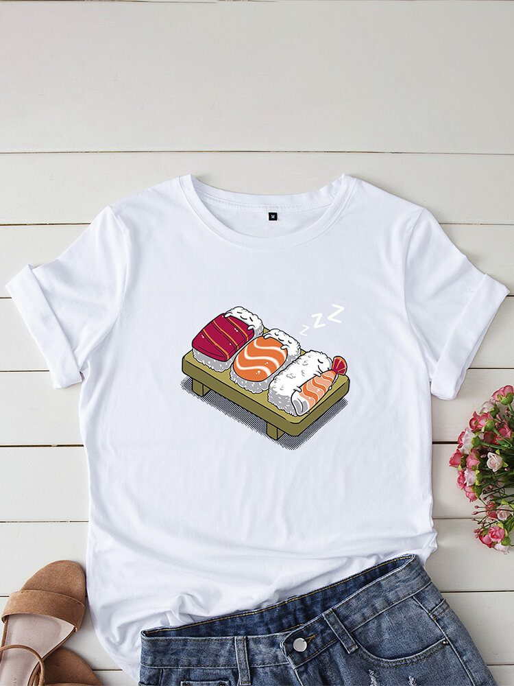 Kvinner Cartoon Sleeping Sushi Print O-hals Kortermet Fritids T-skjorte