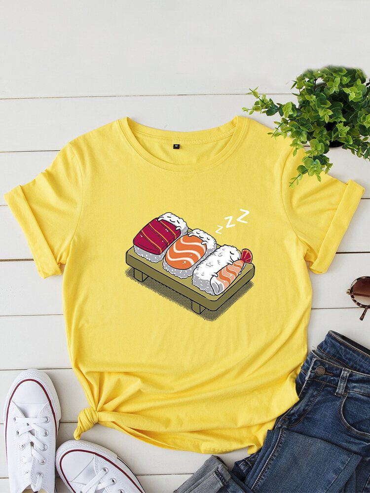 Kvinner Cartoon Sleeping Sushi Print O-hals Kortermet Fritids T-skjorte