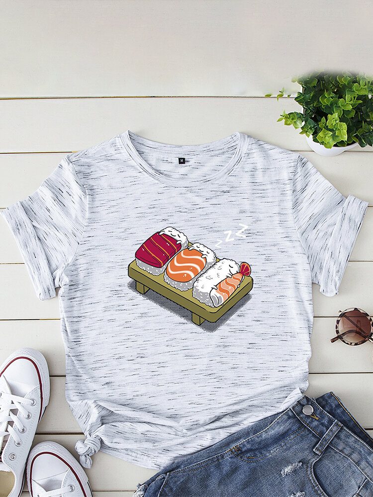 Kvinner Cartoon Sleeping Sushi Print O-hals Kortermet Fritids T-skjorte