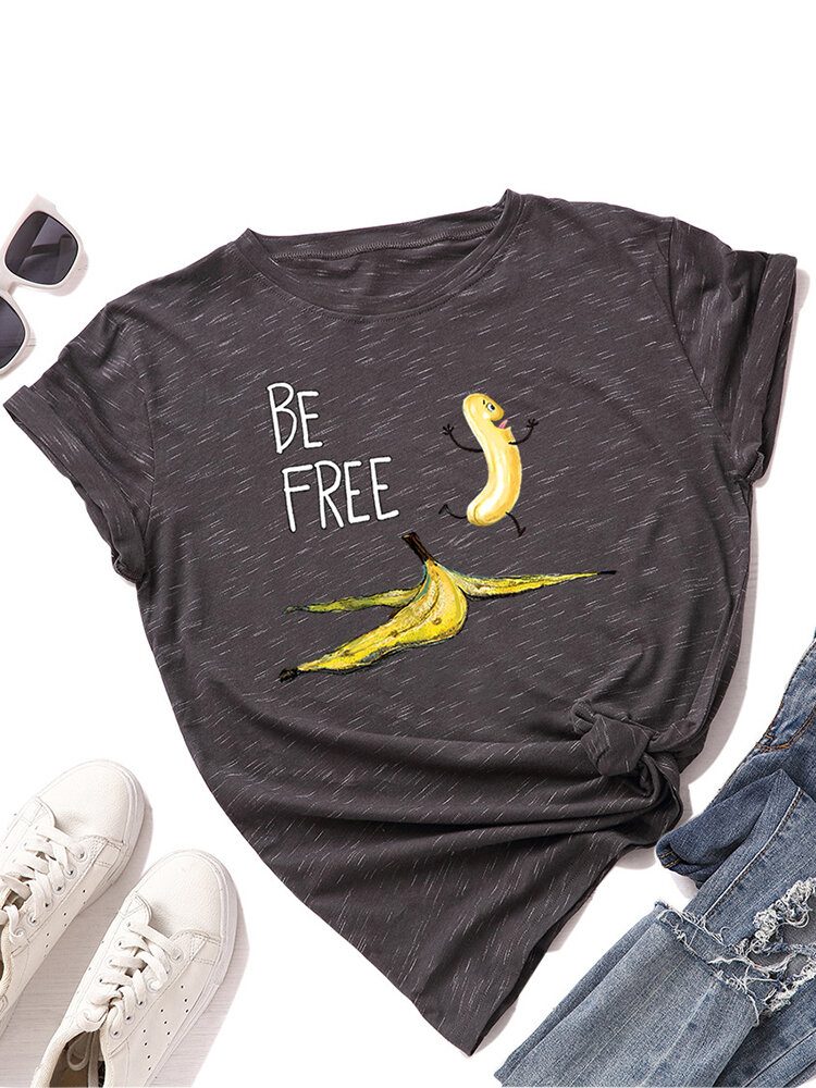 Kvinner Funny Banana Letter Print Rundhals Casual Kortermede T-skjorter