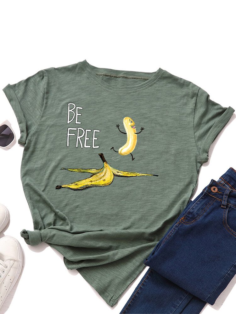 Kvinner Funny Banana Letter Print Rundhals Casual Kortermede T-skjorter