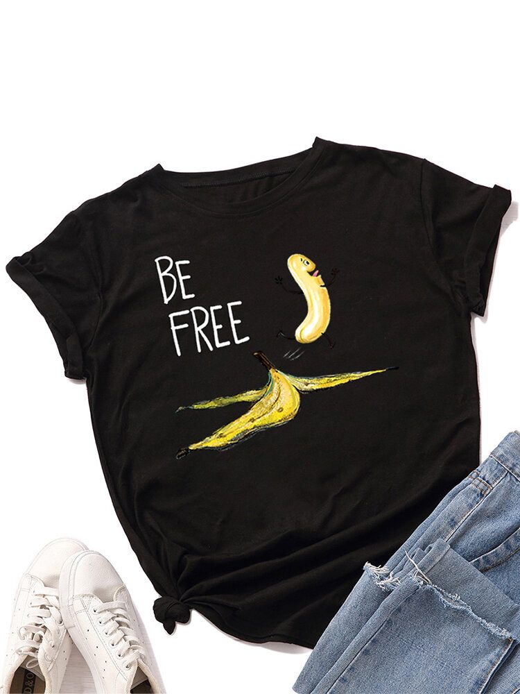 Kvinner Funny Banana Letter Print Rundhals Casual Kortermede T-skjorter