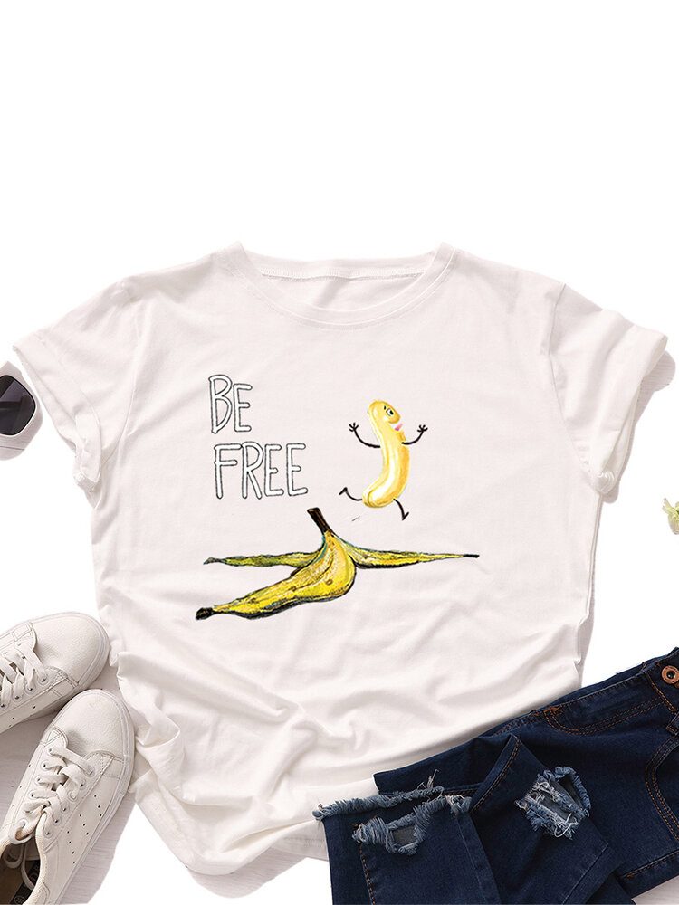 Kvinner Funny Banana Letter Print Rundhals Casual Kortermede T-skjorter