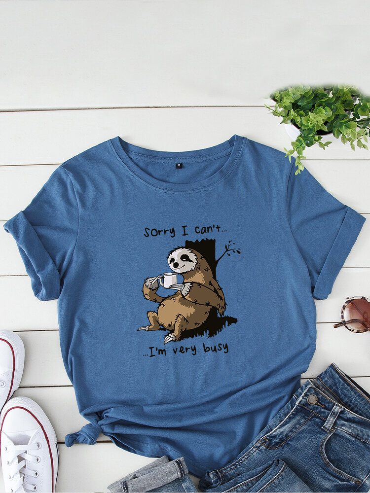 Kvinner Funny Sloth Slogan Print O-hals Kortermet Daily Comfy T-skjorte