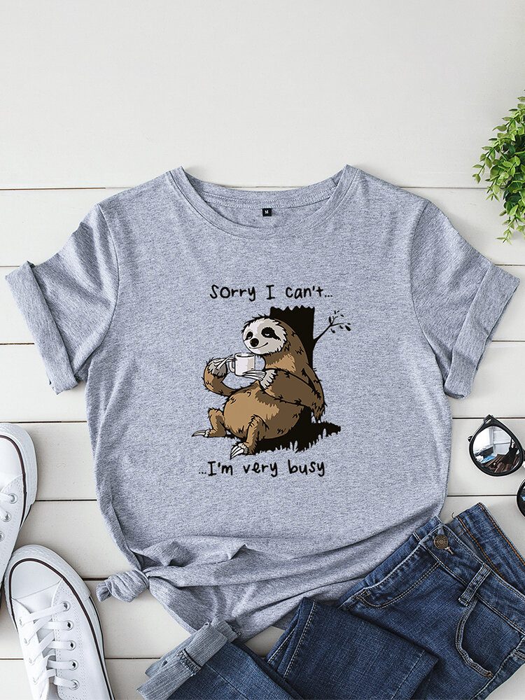 Kvinner Funny Sloth Slogan Print O-hals Kortermet Daily Comfy T-skjorte