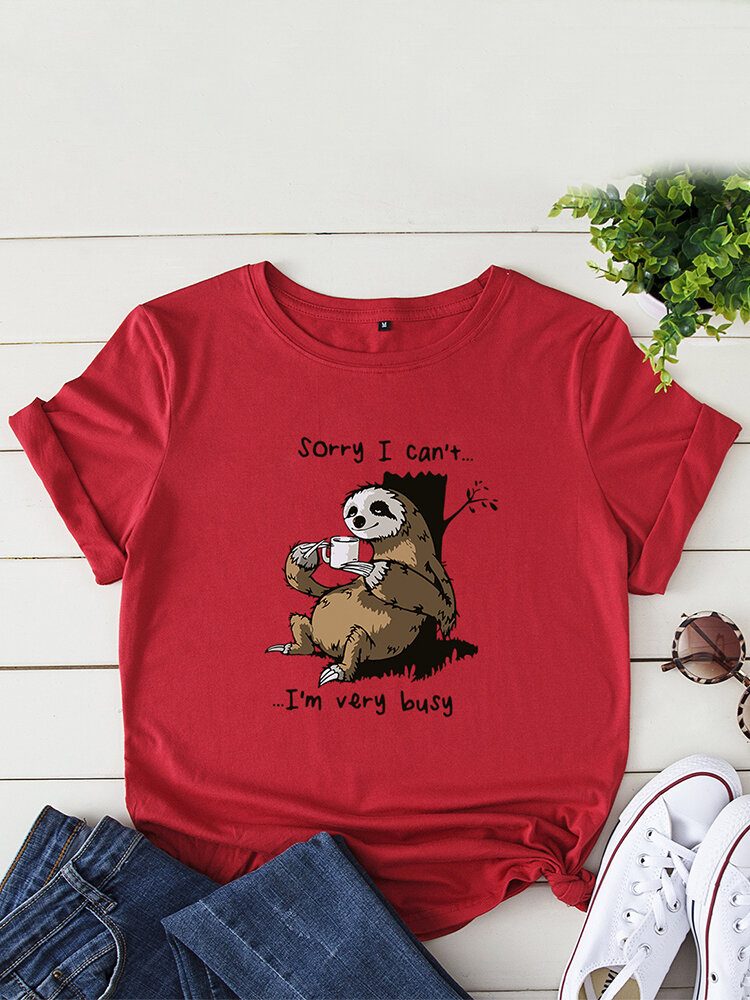 Kvinner Funny Sloth Slogan Print O-hals Kortermet Daily Comfy T-skjorte