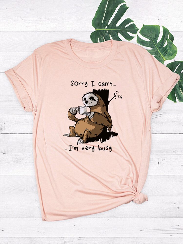 Kvinner Funny Sloth Slogan Print O-hals Kortermet Daily Comfy T-skjorte