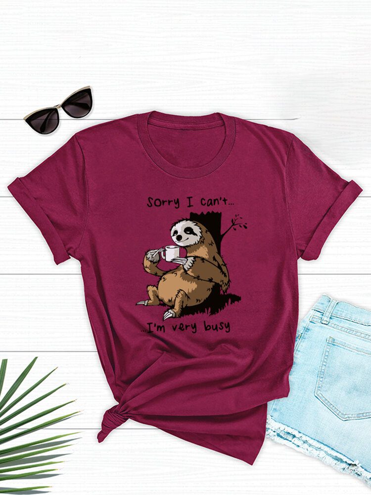 Kvinner Funny Sloth Slogan Print O-hals Kortermet Daily Comfy T-skjorte