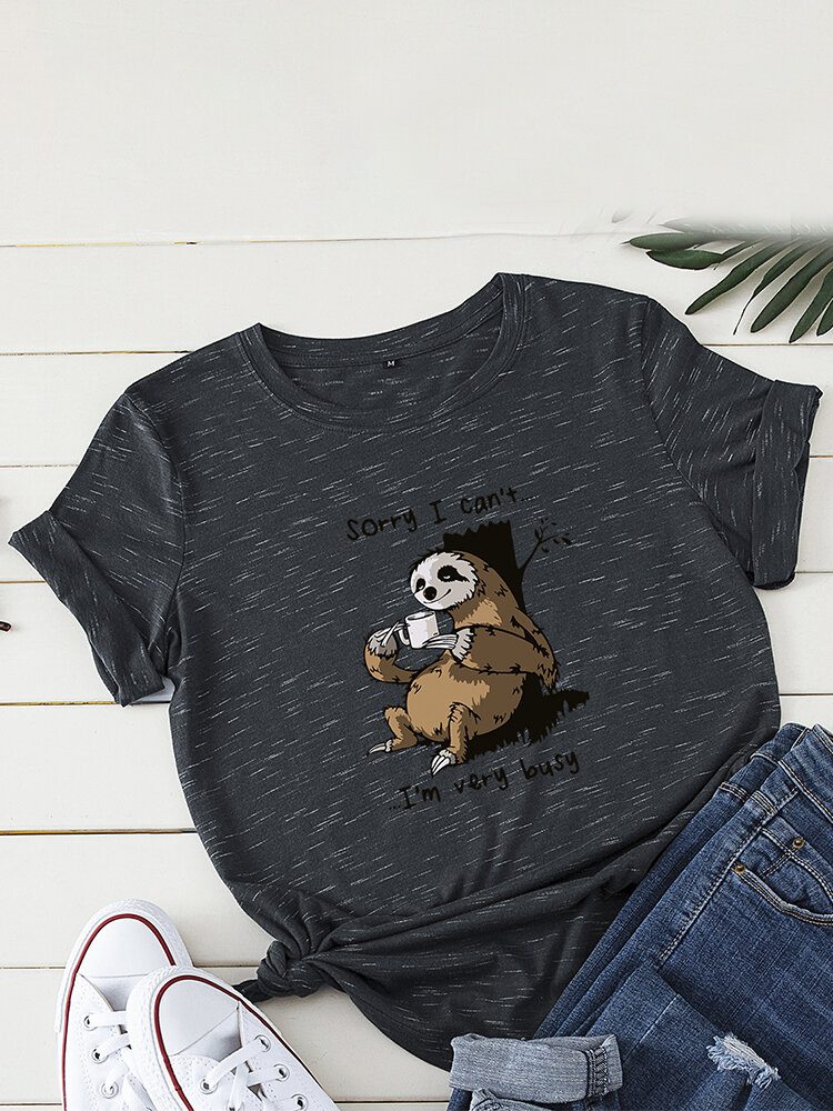 Kvinner Funny Sloth Slogan Print O-hals Kortermet Daily Comfy T-skjorte