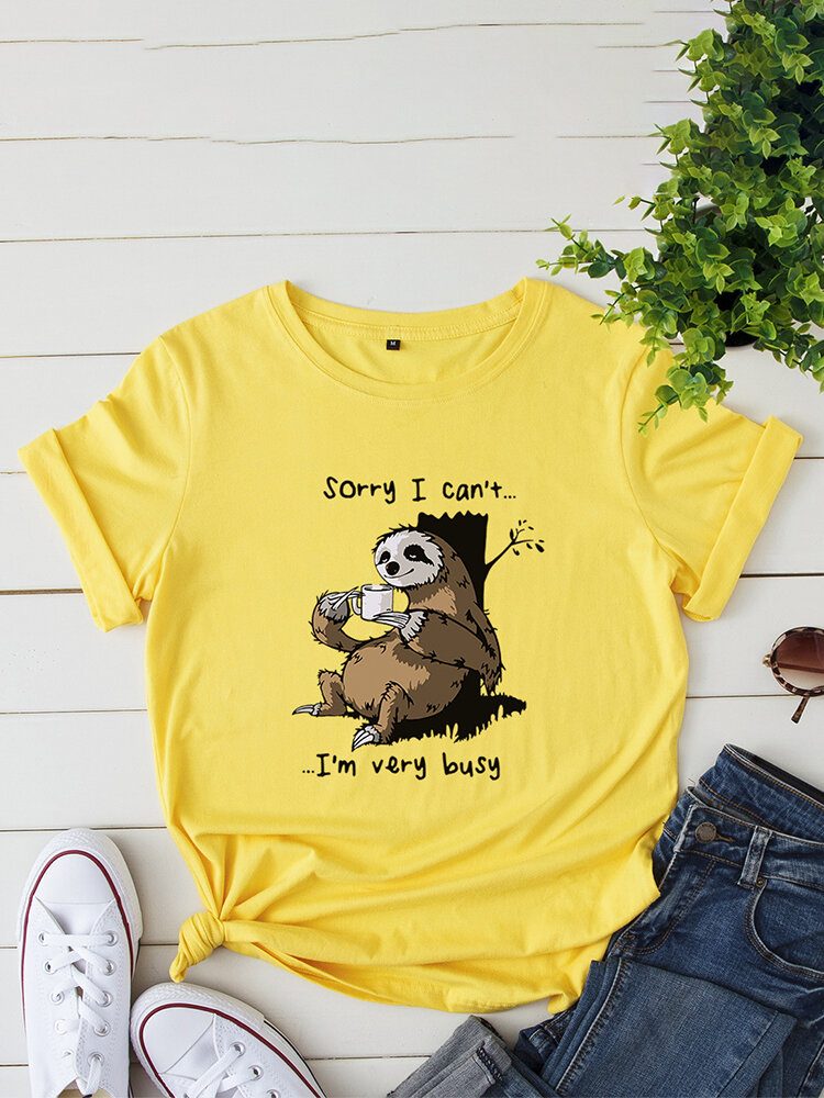 Kvinner Funny Sloth Slogan Print O-hals Kortermet Daily Comfy T-skjorte