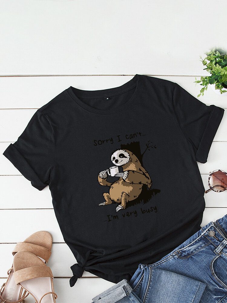 Kvinner Funny Sloth Slogan Print O-hals Kortermet Daily Comfy T-skjorte