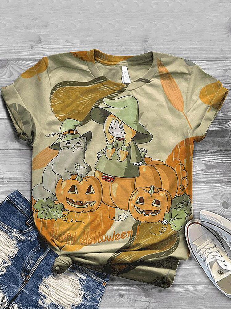 Kvinner Halloween Funny Pumpkin Print Uformelle Kortermede T-skjorter