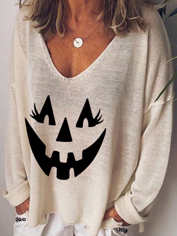 Kvinner Halloween Funny Pumpkin Print V-hals Løse T-skjorter Med Lange Armer