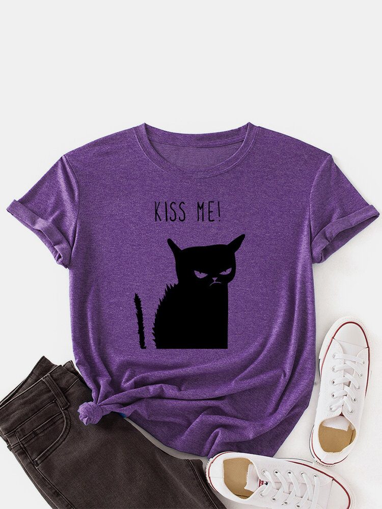 Kvinner Kiss Cat Print O-hals Kortermet Casual T-skjorte