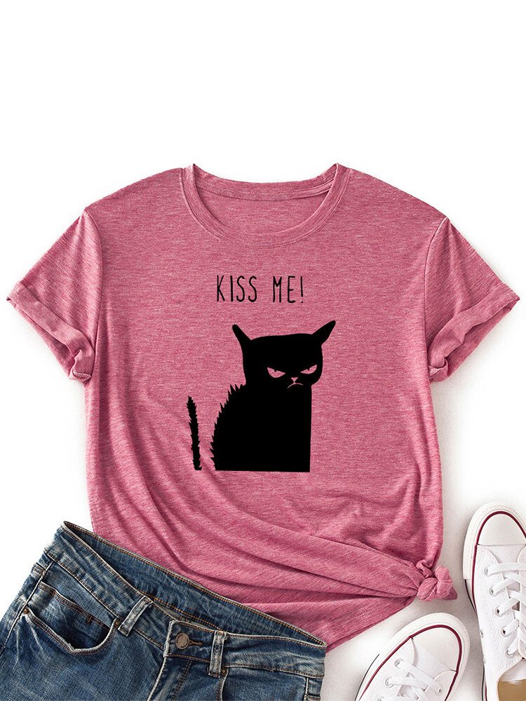 Kvinner Kiss Cat Print O-hals Kortermet Casual T-skjorte