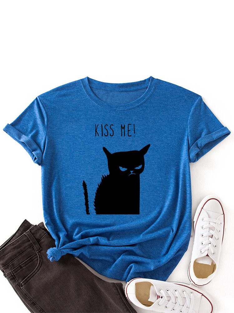 Kvinner Kiss Cat Print O-hals Kortermet Casual T-skjorte