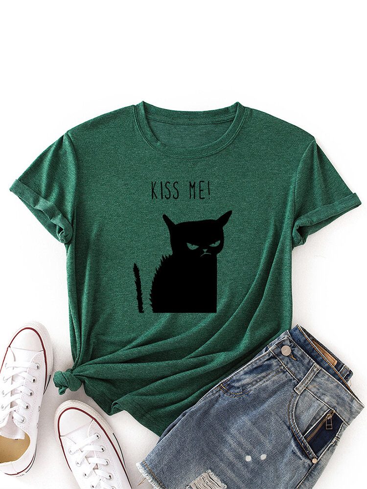 Kvinner Kiss Cat Print O-hals Kortermet Casual T-skjorte