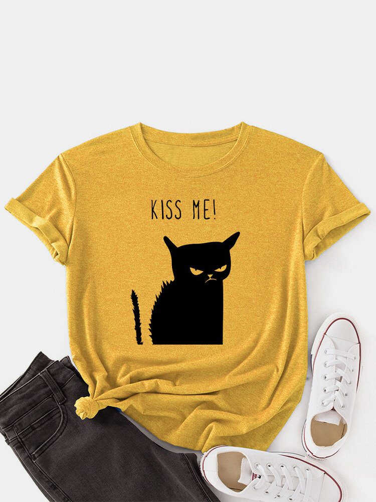 Kvinner Kiss Cat Print O-hals Kortermet Casual T-skjorte