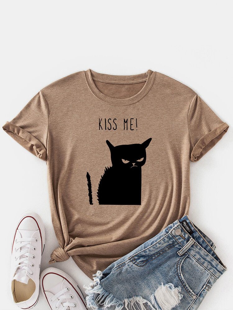 Kvinner Kiss Cat Print O-hals Kortermet Casual T-skjorte