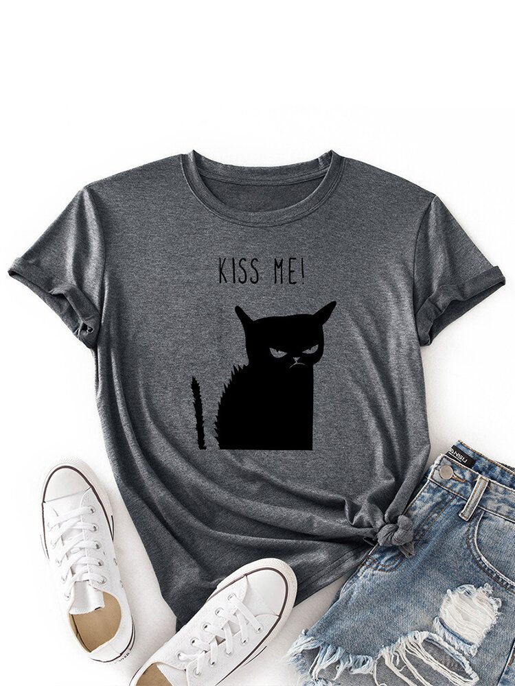 Kvinner Kiss Cat Print O-hals Kortermet Casual T-skjorte