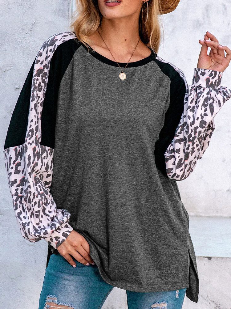 Kvinner Leopard Raglan Ermer Patchwork U-hals Uformell Løs T-skjorte