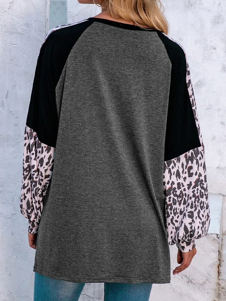 Kvinner Leopard Raglan Ermer Patchwork U-hals Uformell Løs T-skjorte