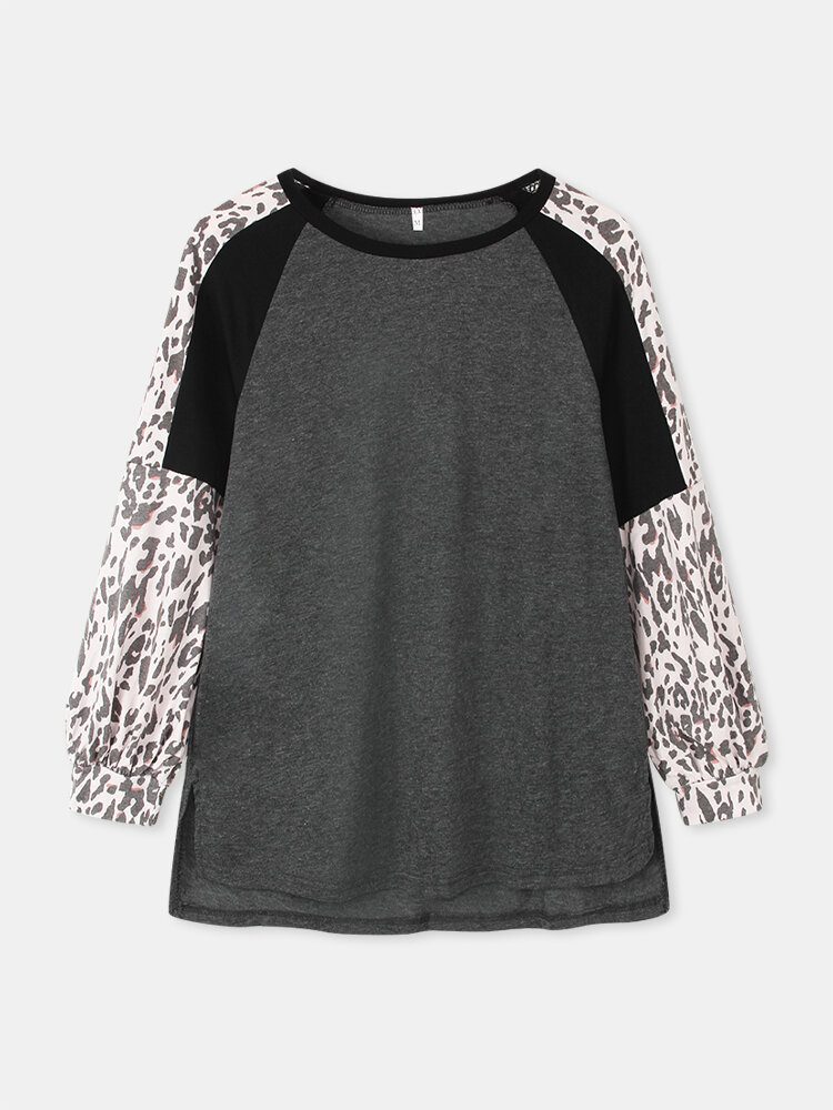 Kvinner Leopard Raglan Ermer Patchwork U-hals Uformell Løs T-skjorte