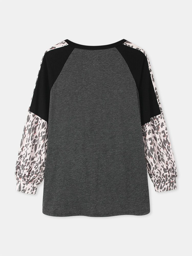 Kvinner Leopard Raglan Ermer Patchwork U-hals Uformell Løs T-skjorte