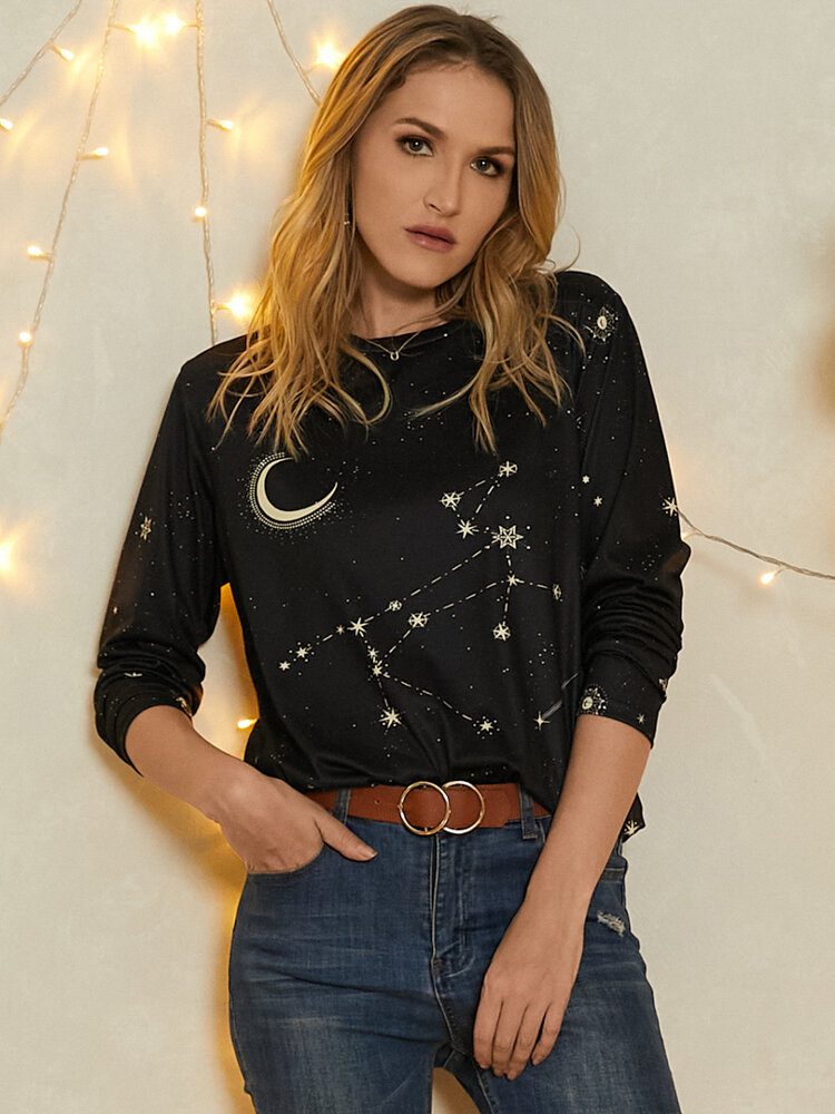 Kvinner Skytten Print Stars Moon O-hals Langermet Casual T-skjorte