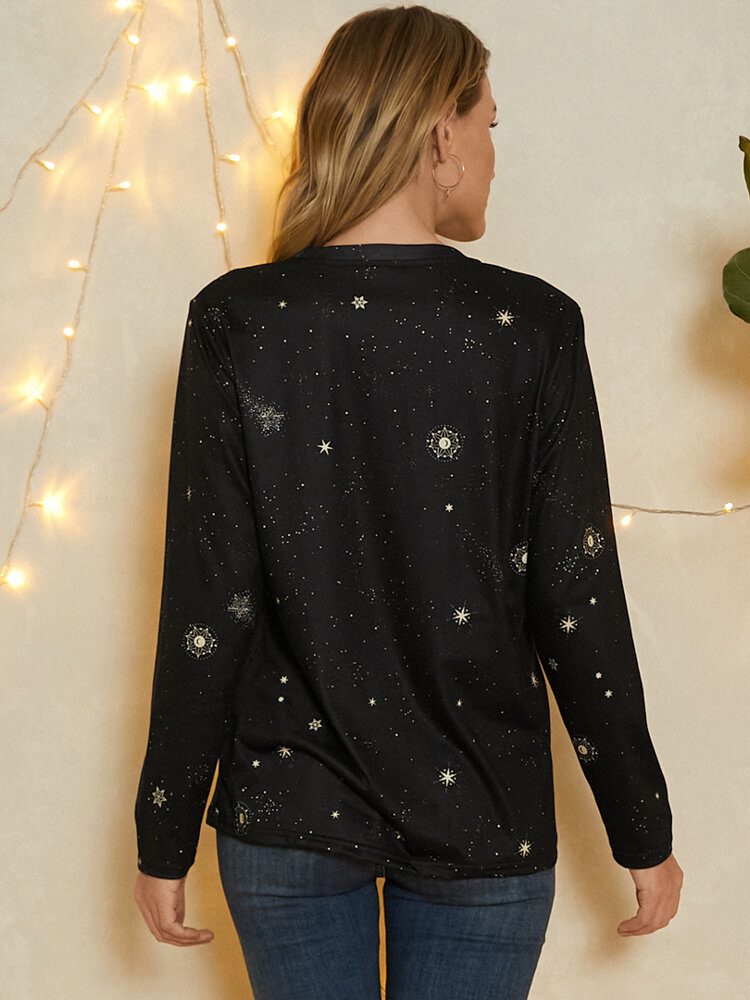 Kvinner Skytten Print Stars Moon O-hals Langermet Casual T-skjorte