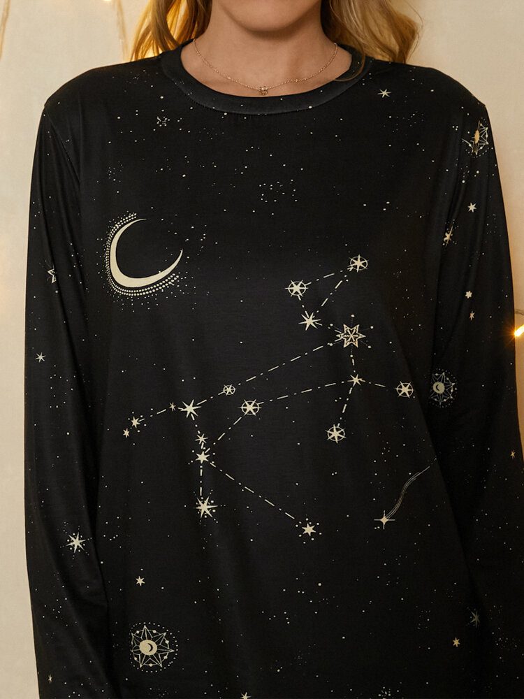 Kvinner Skytten Print Stars Moon O-hals Langermet Casual T-skjorte