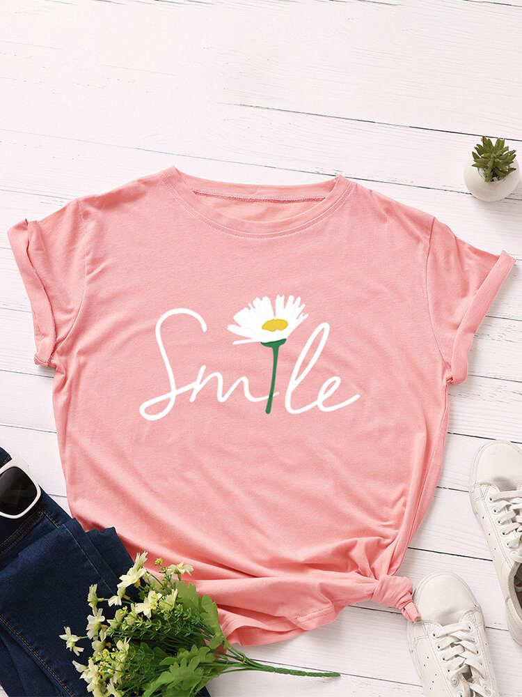 Kvinner Smile Daisy Print Flerfarget O-hals Kortermet Casual T-skjorte