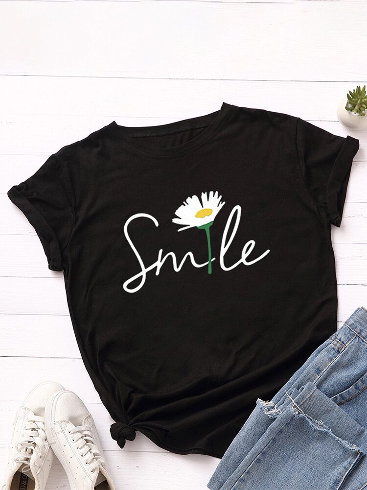 Kvinner Smile Daisy Print Flerfarget O-hals Kortermet Casual T-skjorte