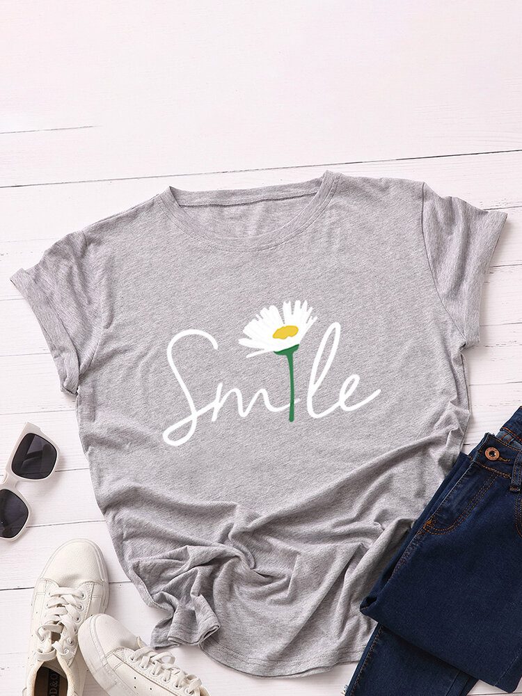 Kvinner Smile Daisy Print Flerfarget O-hals Kortermet Casual T-skjorte