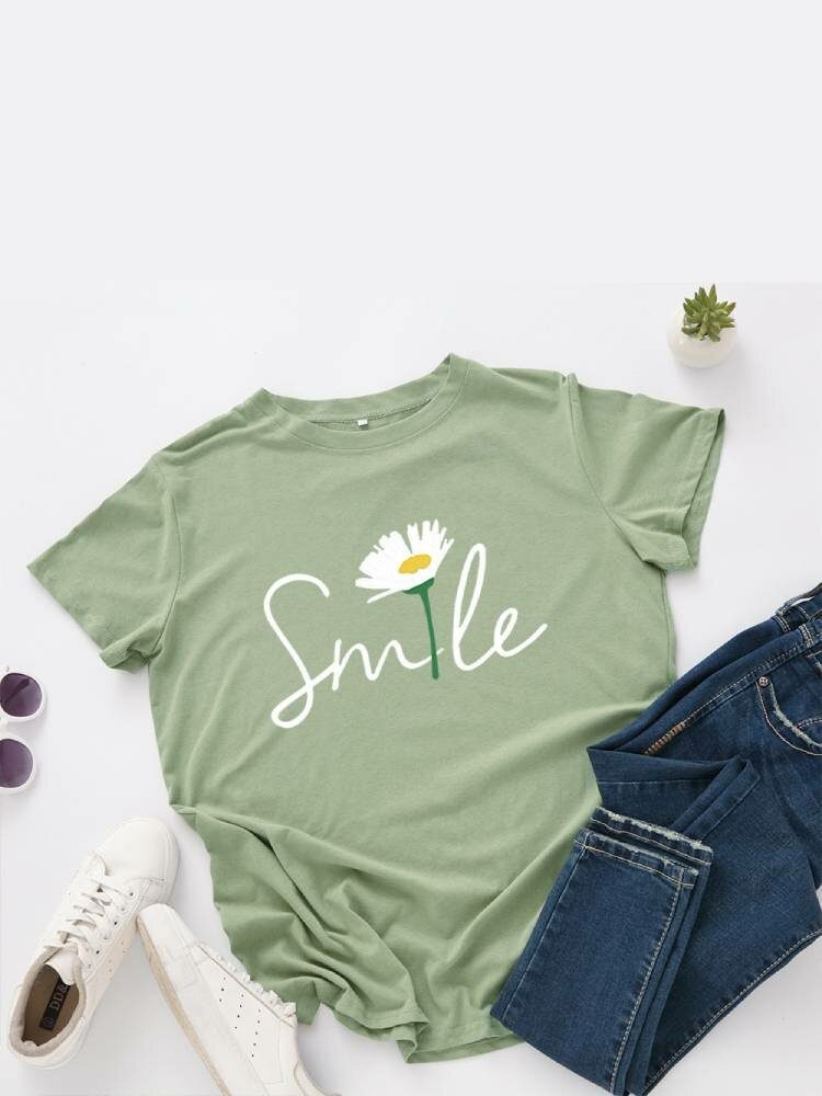 Kvinner Smile Daisy Print Flerfarget O-hals Kortermet Casual T-skjorte