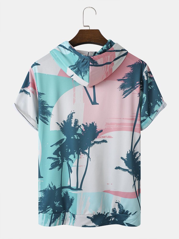 Menn Coconut Tree Print Hette Og Snøring Med Korte Ermer Uformelle T-skjorter