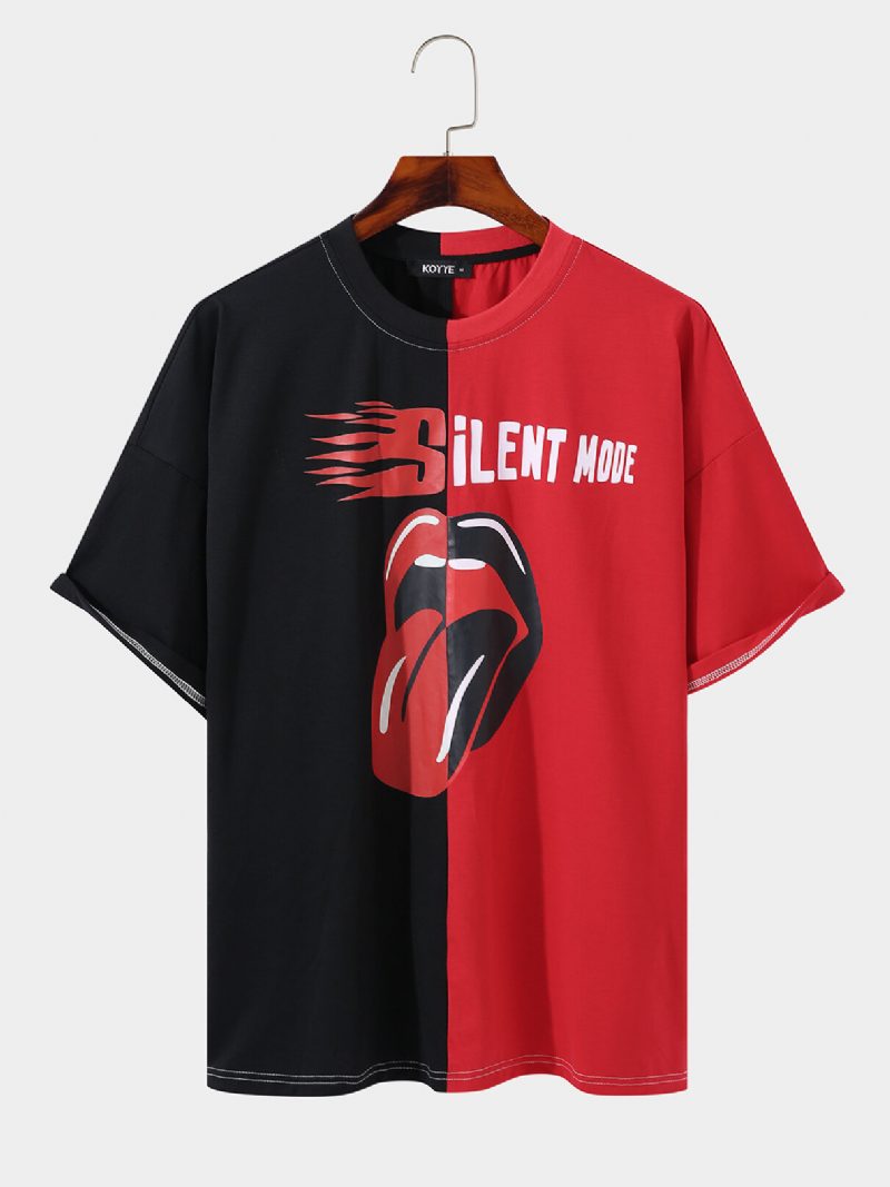 Menn Color Block Lip And Flame Print Tofarget Letter Graffiti Casual T-skjorte