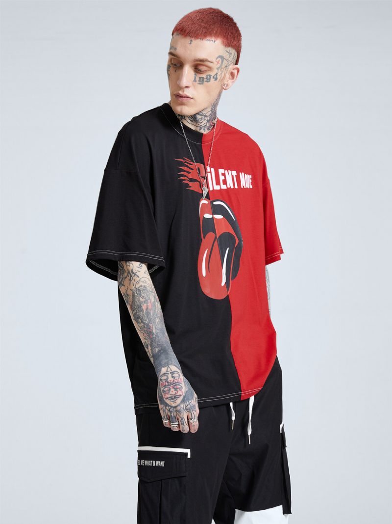 Menn Color Block Lip And Flame Print Tofarget Letter Graffiti Casual T-skjorte