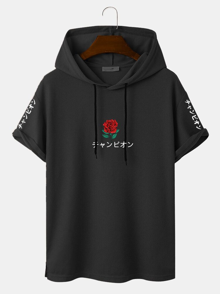 Menn Japansk Rose Print Hem Mansjett Kortermet Hette T-skjorter