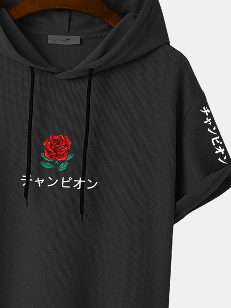 Menn Japansk Rose Print Hem Mansjett Kortermet Hette T-skjorter