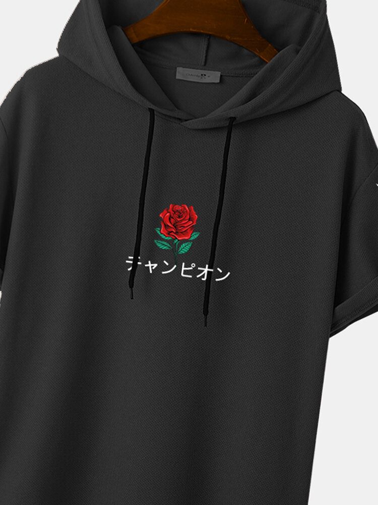 Menn Japansk Rose Print Hem Mansjett Kortermet Hette T-skjorter