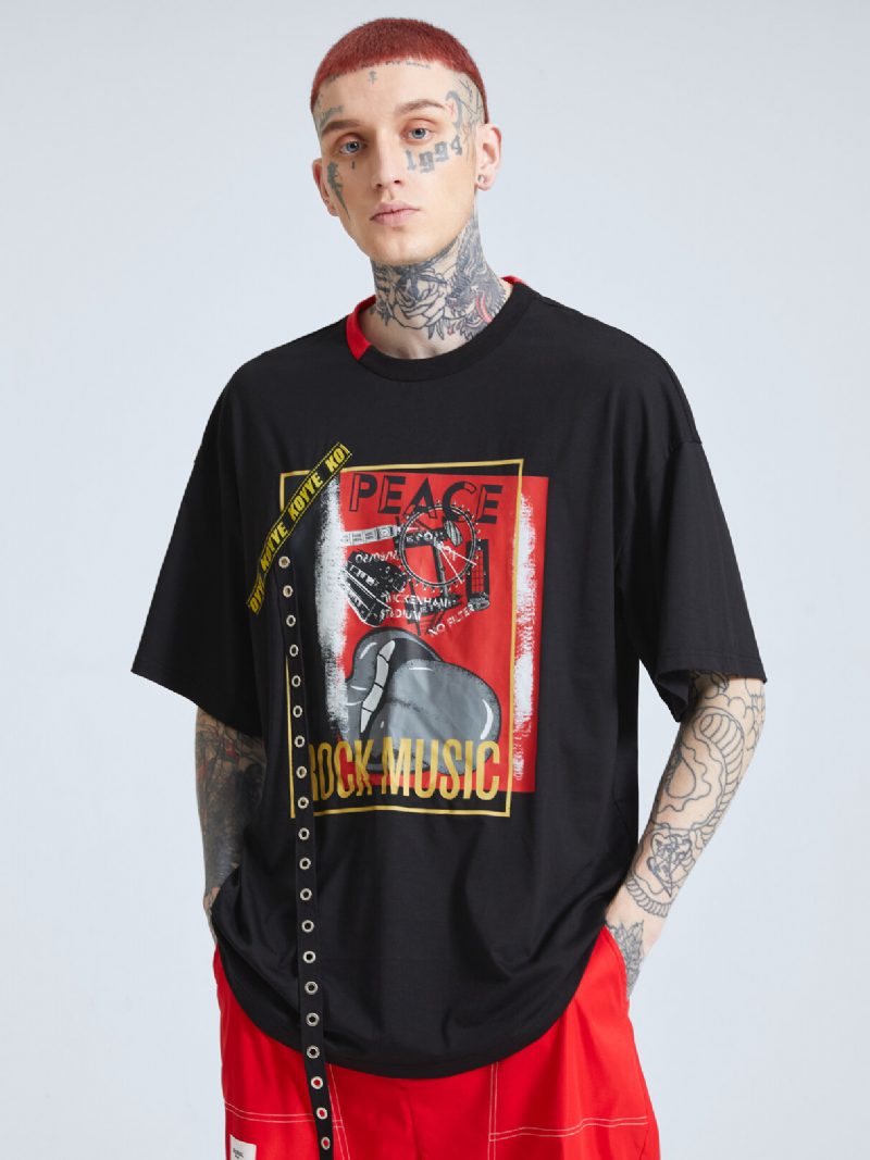 Menn Lepper Grafisk Bånd Designet Patchwork Crew Neck Street Casual T-skjorte