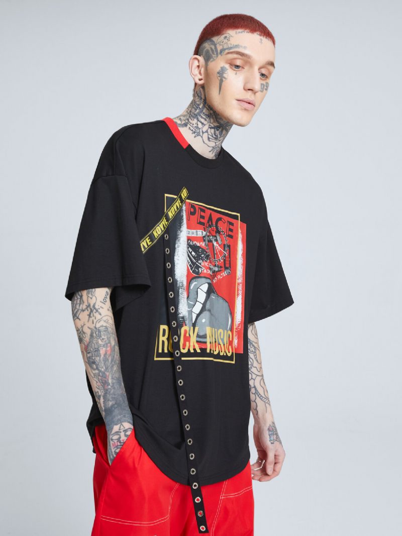 Menn Lepper Grafisk Bånd Designet Patchwork Crew Neck Street Casual T-skjorte