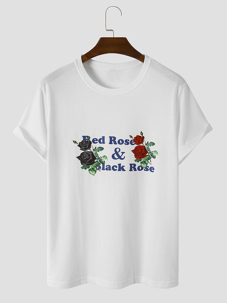 Menn Letter Rose Print Graceful All Matched Hud Friendly T-skjorter Med Rund Hals