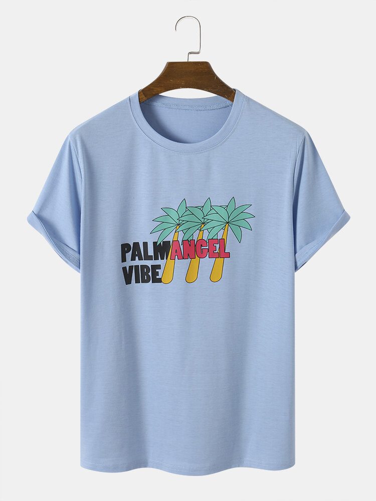 Menn Palm Tree Letter Print Uformelt Alle Matchende Hudvennlig T-skjorter Med Rund Hals