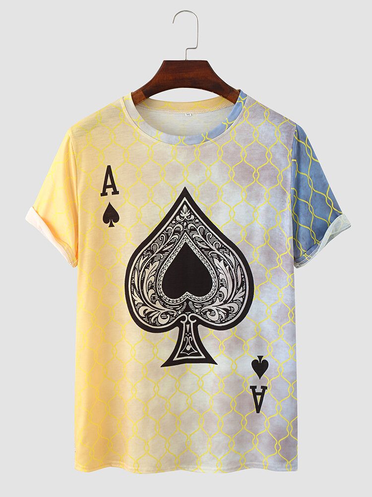 Menn Poker Spade Ombre Print Hem Cuff Crew Neck Uformell T-skjorte