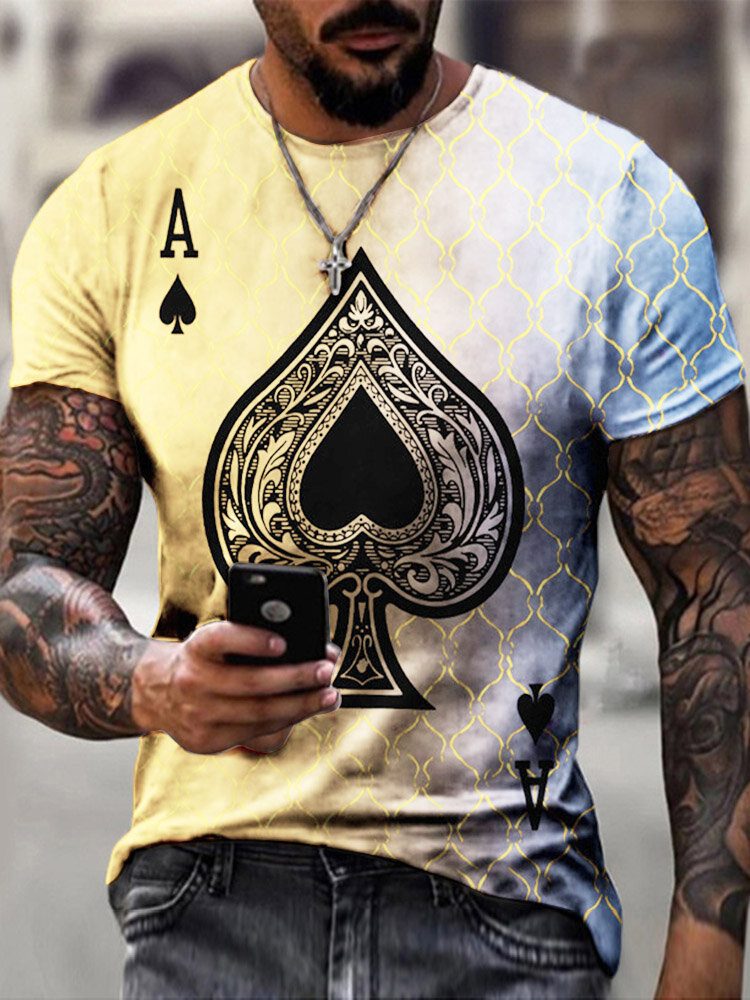 Menn Poker Spade Ombre Print Hem Cuff Crew Neck Uformell T-skjorte