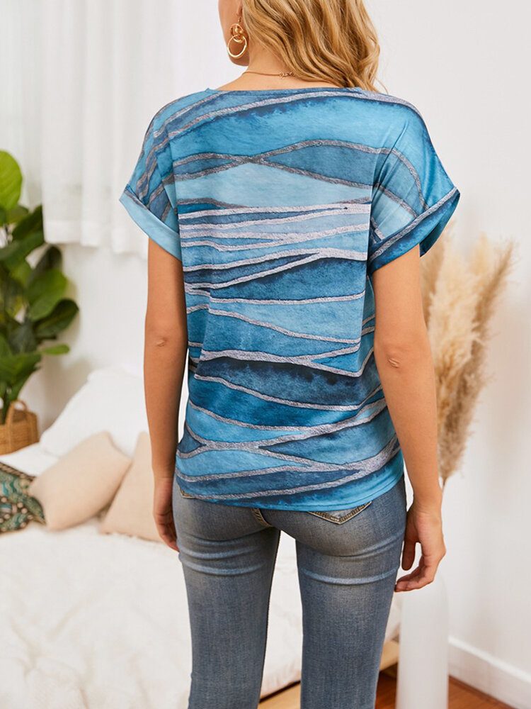 Print Rundhals Kortermet Knotted Casual T-skjorte For Kvinner