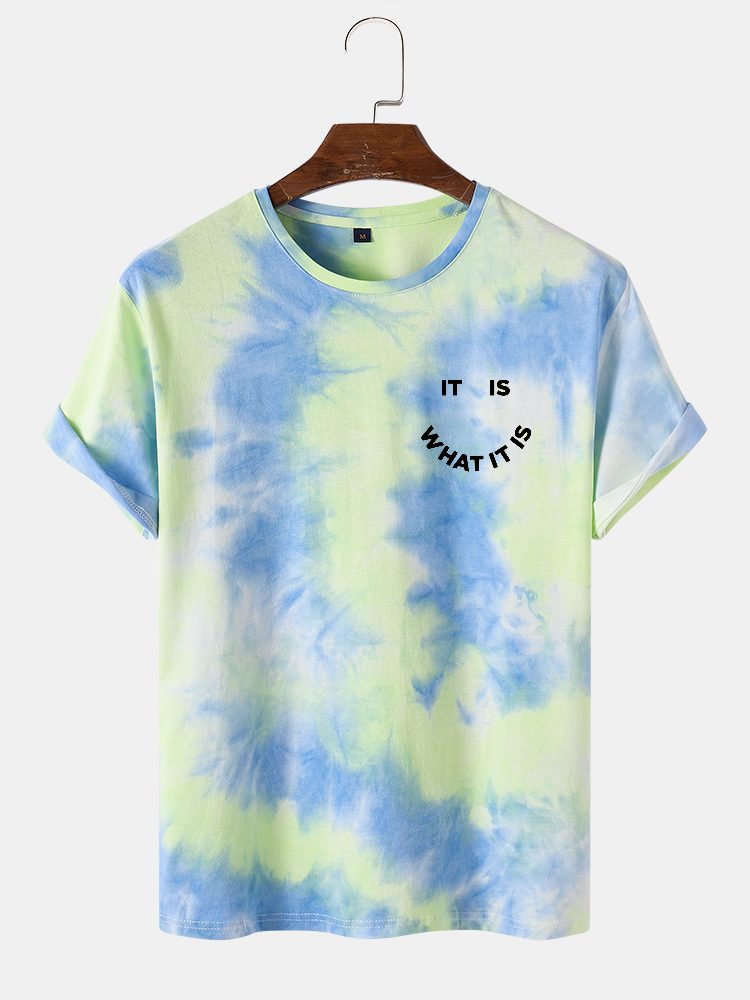 Smil Letter Print Tie Dye Crew Neck Street T-skjorter