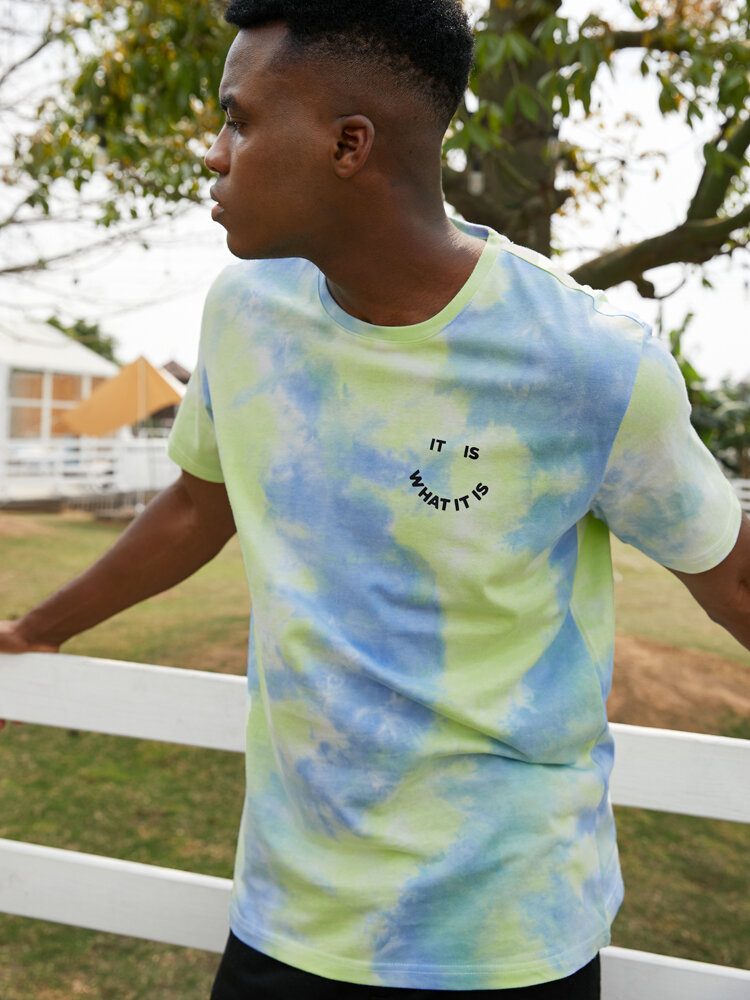 Smil Letter Print Tie Dye Crew Neck Street T-skjorter